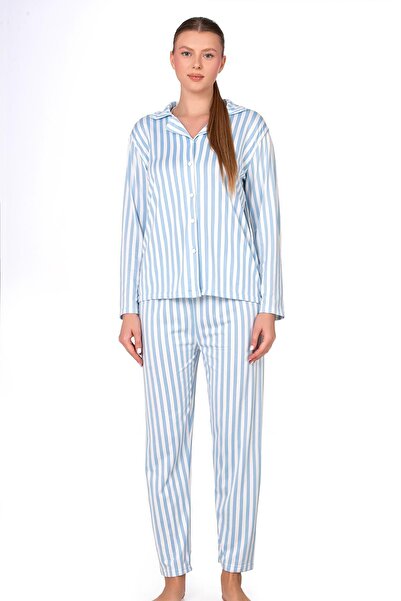 Kompedan Mavi Çizgili Lizbon Kumaş İçi Şardonlu Önden Düğmeli Kadın Pijama Takımı
