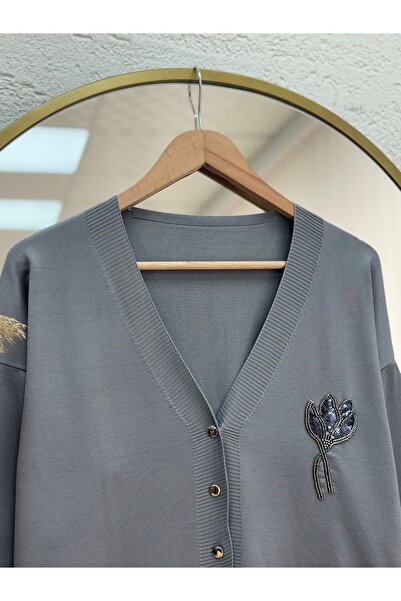 MİHRA STORE Gavessa Stone Embroidered Cardigan with Metal Buttons on the Sleeves and Front-Sy3260 Gray