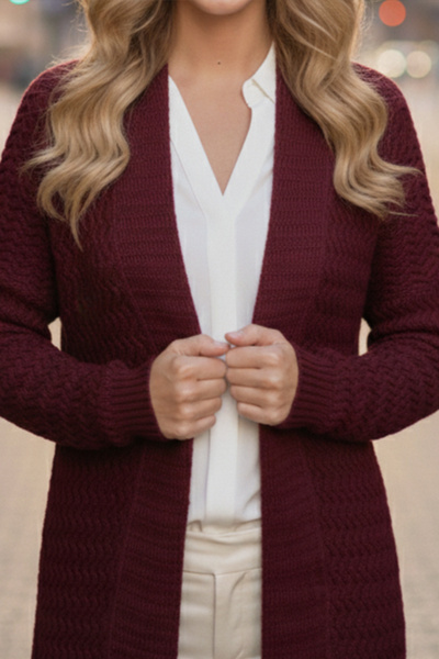 benguen Zigzag Patterned Long Knitwear Cardigan R4470 Claret Red