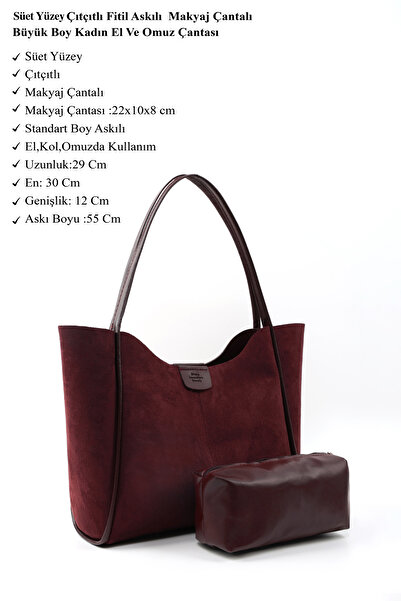 SHAKA Burgundy Suede Shk76 Large Size Women's Hand and Shoulder Bag with Snap Fastener, Wicking Strap, and Faux Leather Makeup Bag