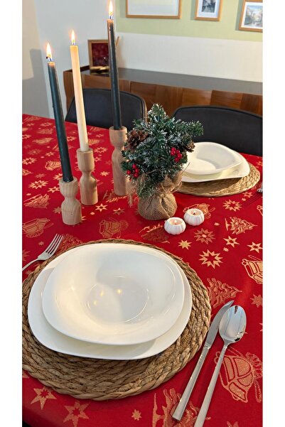 homease Glitter Jacquard Christmas Tablecloth – Red |   Pine Tree, Bell and Star Patterned