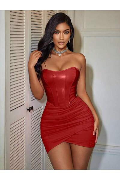 randevu Drawstring Strapless Mini Leather Tulle Dress