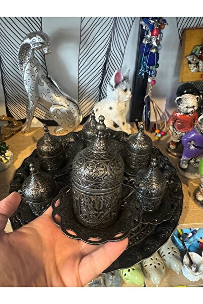 Atak Hediyelik 6-Person Forged Black Copper Cup Set with Tray, Turkish Delight Bowl
