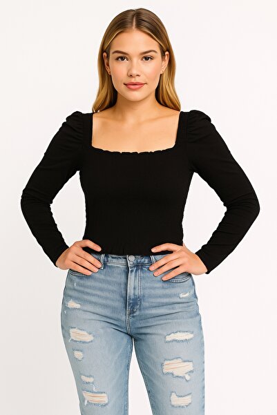 Şans Women's Plus Size Black Size Part Gipe Elasticated Karmen Collar Long Sleeve Crop Blouse 65N39260