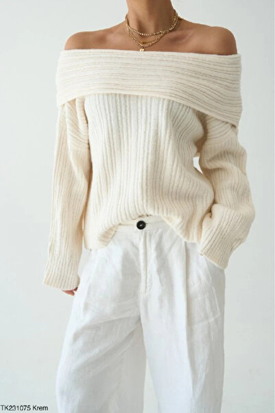 cemo Women's Off-The-Shoulder Rib Knit Wide Neckline Oversized Sweater