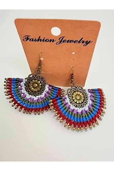 pivok El Yapımı Makrome Küpe Bohem Rengarenk Gökkuşağı İp Örgü Antik Çiçek Mo...