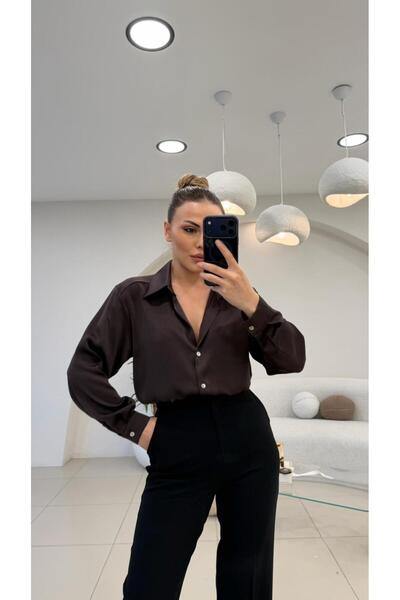 Şulenin Butiği İNCE MANŞET TEK DÜĞME SATEN GÖMLEK KAHVE