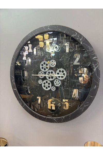 Amisos Dekor 62 cm Çapında Siyah Ahşap Çarklı Büyük Duvar Saati – Dekoratif T...