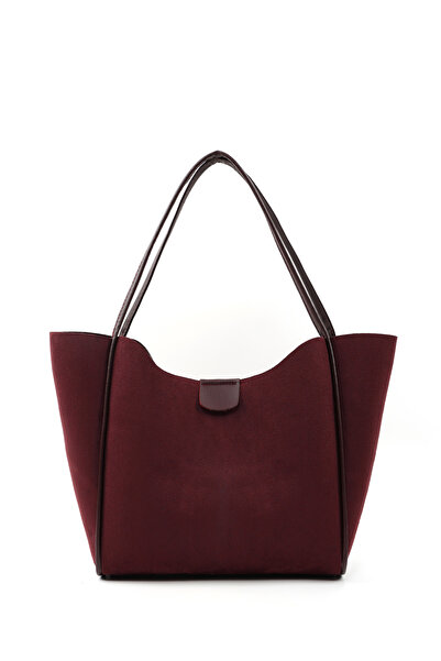 SHAKA Burgundy Suede Shk76 Large Size Women's Hand and Shoulder Bag with Snap Fastener, Wicking Strap, and Faux Leather Makeup Bag