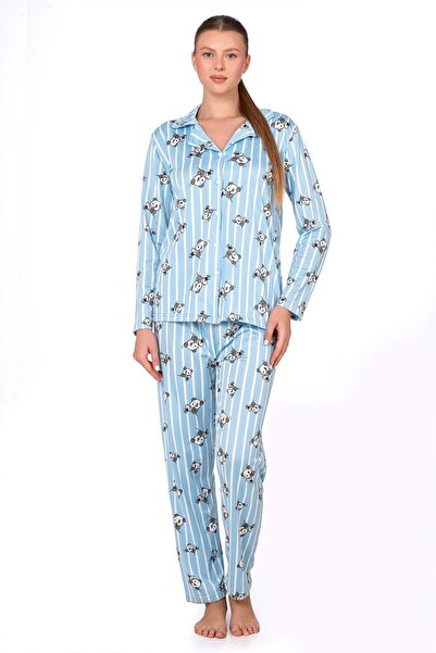 Kompedan Lizbon Kumaş İçi Şardonlu Panda Desenli Önden Düğmeli Kadın Pijama T...