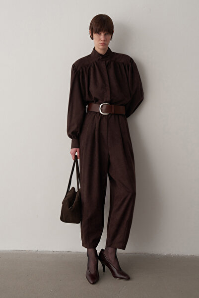 Mathilda Store Acı Kahve Süet Balon Kol Gömlek Pantolon Takım