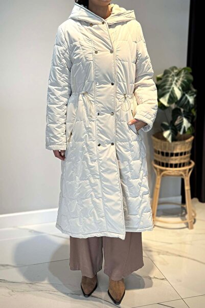 Lale Butik Snap Fastener Hooded Long Inflatable Coat 17871 Beige