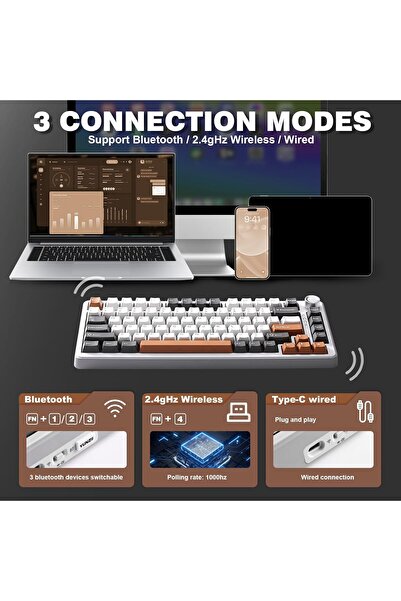 YUNZII B75 PRO Wireless 75% Mechanical Gaming Keyboard (Cocoa Cream V2, Grey)