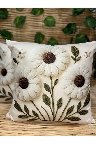 Ekodoğa Punch Nakış Desen 3D Dijital Baskı 2'Li Krem Zemin Üzerine Büyük Yapr...