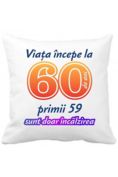CRD PRINT Personalized pillow with text 'Life begins at 60', 40 x 40 cm, white polyester -