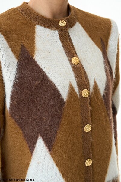cemo Golden Button Feather Knit Argyle Cardigan Sweater
