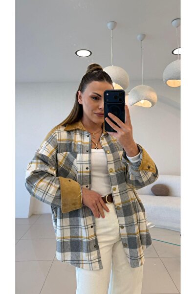 Şulenin Butiği PREMİUM SERİ KOL VE YAKA KADİFE DETAYLI ODUNCU GÖMLEK