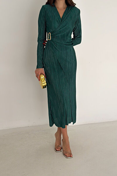 MODAMİNEM Double-Breasted Women's Pleated Dress with Collar Buckle Detail