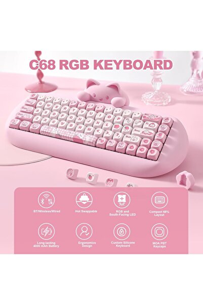 YUNZII C68 Wireless 65% Mechanical Keyboard, Hot-Swap, BT5.0/2.4G/Wired, RGB, Pink