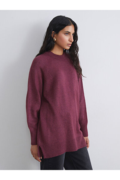 LC Waikiki Modest Burgundy Crew Neck Oversized Women's Knitwear Tunic