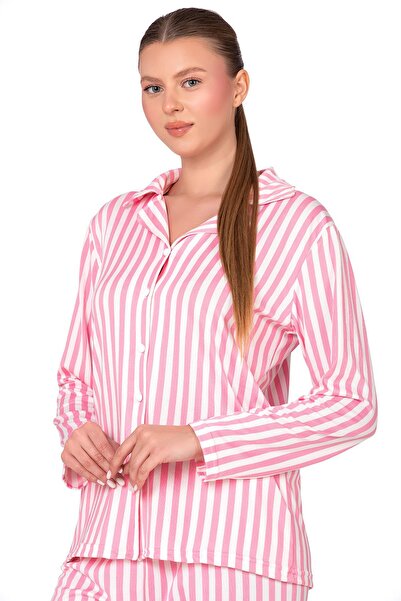 Kompedan Pembe Çizgili Lizbon Kumaş İçi Şardonlu Önden Düğmeli Kadın Pijama Takımı