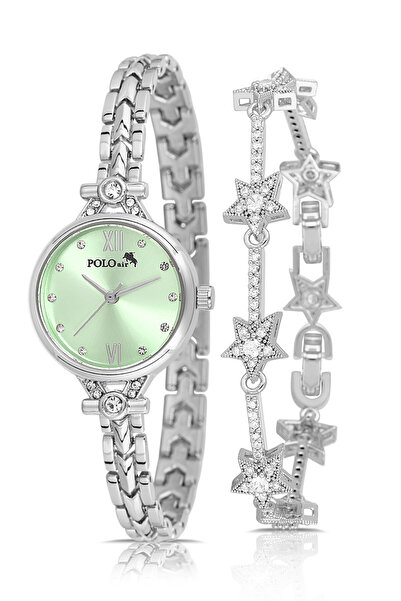 Polo Air Zarif Kadın Kol Saati Yıldız Bileklik Kombin Gümüş Yeşil Renk PL-1557B4