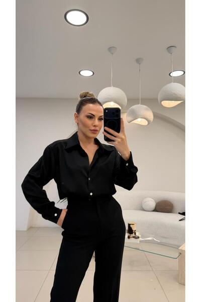 Şulenin Butiği İNCE MANŞET TEK DÜĞME SATEN GÖMLEK SİYAH