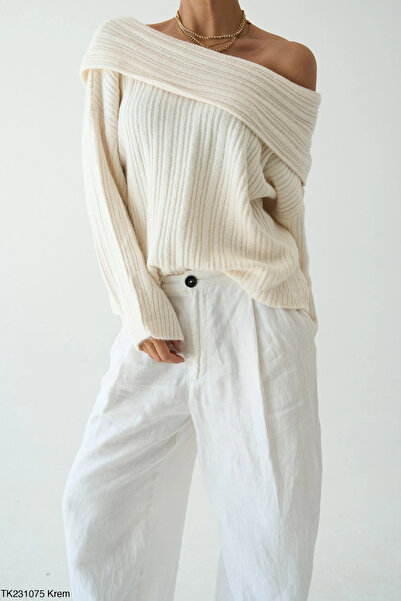 cemo Women's Off-The-Shoulder Rib Knit Wide Neckline Oversized Sweater