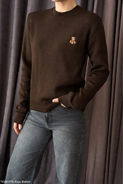 cemo Women's Round Neck Knit Sweater with Embroidered Teddy Bear Detail