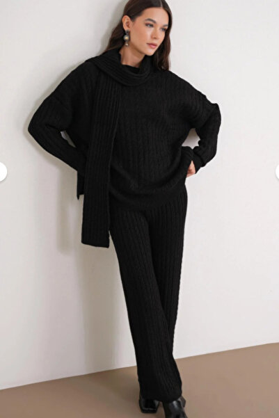 New Deux Women's Hair Braided Scarf Detailed Top and Bottom Knitwear Set