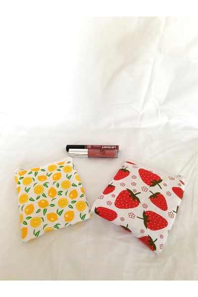 Se&On dizayn İkili set limon ve çilek desen beyaz fermuarlı astarlı küçük cüzdan mini makyaj çantası