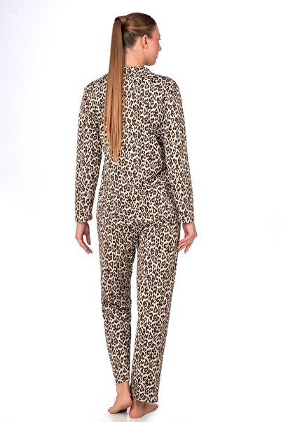 Kompedan Lizbon Kumaş Leopar Desenli İçi Şardonlu Önden Düğmeli Kadın Pijama Takımı