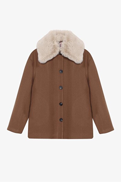 Quzu Παλτό με λεπτομέρεια από γούνινο γιακά καφέ
