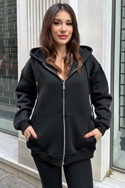 CİDDE Women's Three Thread Sh Fleece-Lined Hooded Zippered Sweatshirt