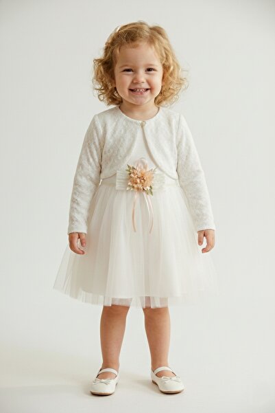 Mnk Baby&Kids Knitwear Bolero Waist Floral Baby Girl Dress M00773 Ecru