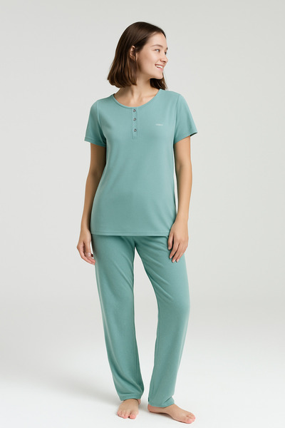 vory Women's Short Sleeve Half Placket Round Neck Long Straight Leg 2-Piece Home Wear Pajama Set Vr.1Pc.P89.C85.Y01