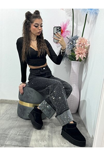 KATYDEA STORE Jeans/ WideLeg cu cristale ștanțate negri Paulina