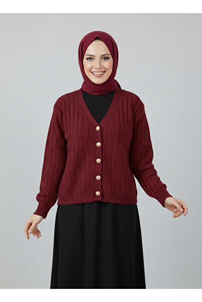 MİHRA STORE Lametta Gold Buttoned Knitted Pattern Knitwear Cardigan-Sy478 Burgundy