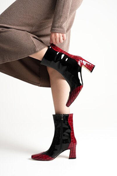 MARCHEO Loana Women's Red Crocodile Patterned Thick Heeled Winter Boots