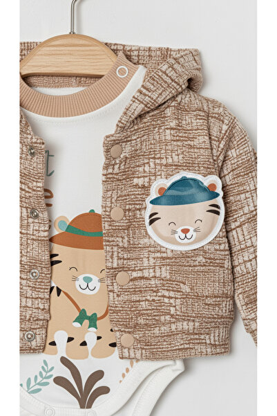 Yumilio Organic Cotton Little Explorer Kaplan Printed Hooded Cardigan Bodysuit and Pants 3-Piece Baby Boy Set