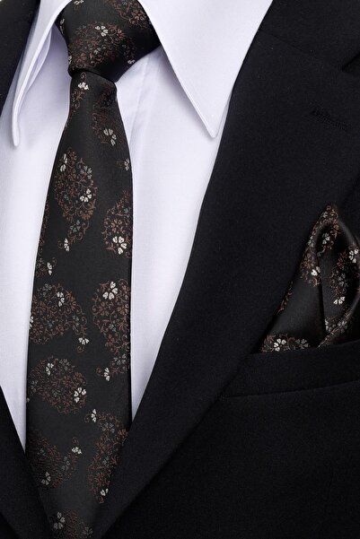 Esgue 8 cm Classic Wide Hand Made Black - Brown Drop Pattern Handkerchief Tie