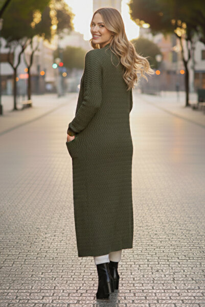 benguen Ζακέτα με μοτίβο ζιγκ-ζαγκ μακρύ πλεκτό R4470 Χακί