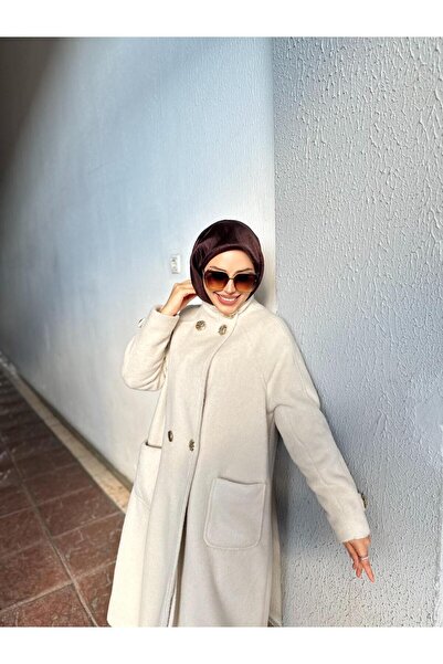 Minel Women's Beige Long Buttoned Coat 01