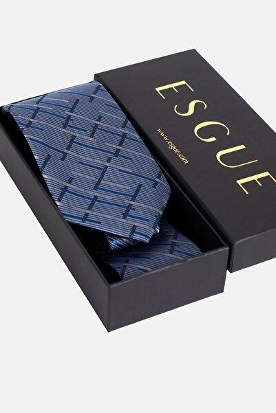 Esgue 8 cm Classic Wide Hand Made Navy Blue - Gray Striped Pattern Handkerchief Tie