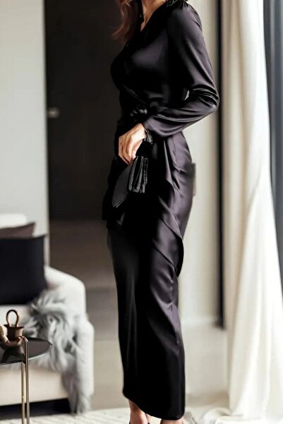 Mossta Double-Breasted Long Satin Dress with Neckline Belt - Black