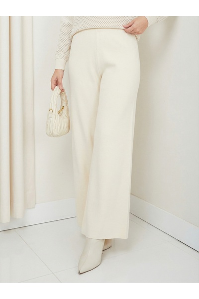 FATELLA بنطلون نسائي واسع الساق من التريكو بلون كريمي - نسيج ناعم، قصة مريحة ...