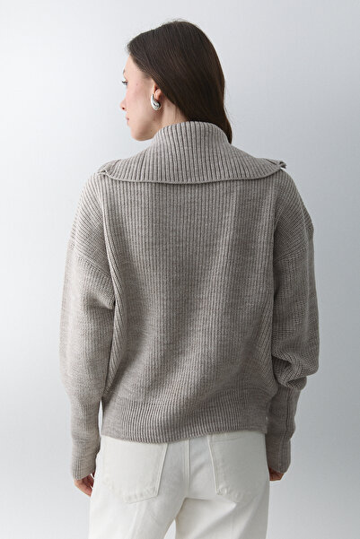 Laluvia Dark Beige Double Zipper Cardigan - 251080