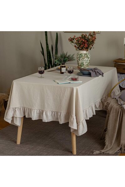 genernic GLORY SEASON Ruffled Rustic Classic Cotton Washable Rectangular Tablecloth, White 60''x102''
