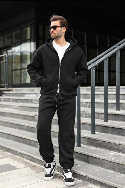 Madmext Black Double Zipper Hooded Tracksuit Set E7175