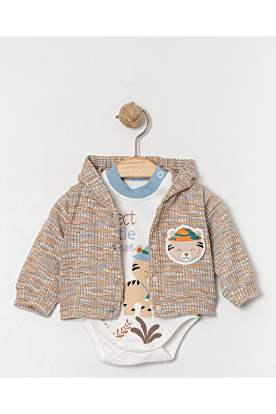 Yumilio Organic Cotton Little Explorer Kaplan Printed Hooded Cardigan Bodysuit and Pants 3-Piece Baby Boy Set